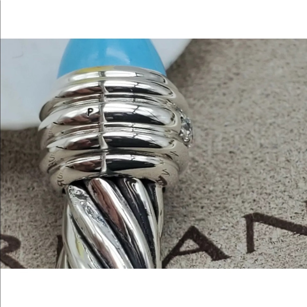 David Yurman Silver Cable Cuff with Turquoise Blue Terminals and Pave Diamonds - Picture 3 of 8